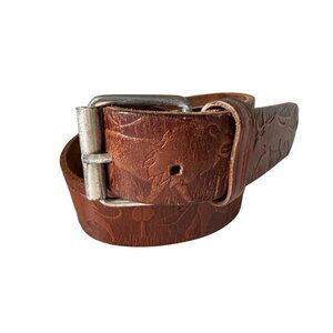 VTG Leather Embossed Animal Print Western Boho Belt Silver Buckle Womens Brown